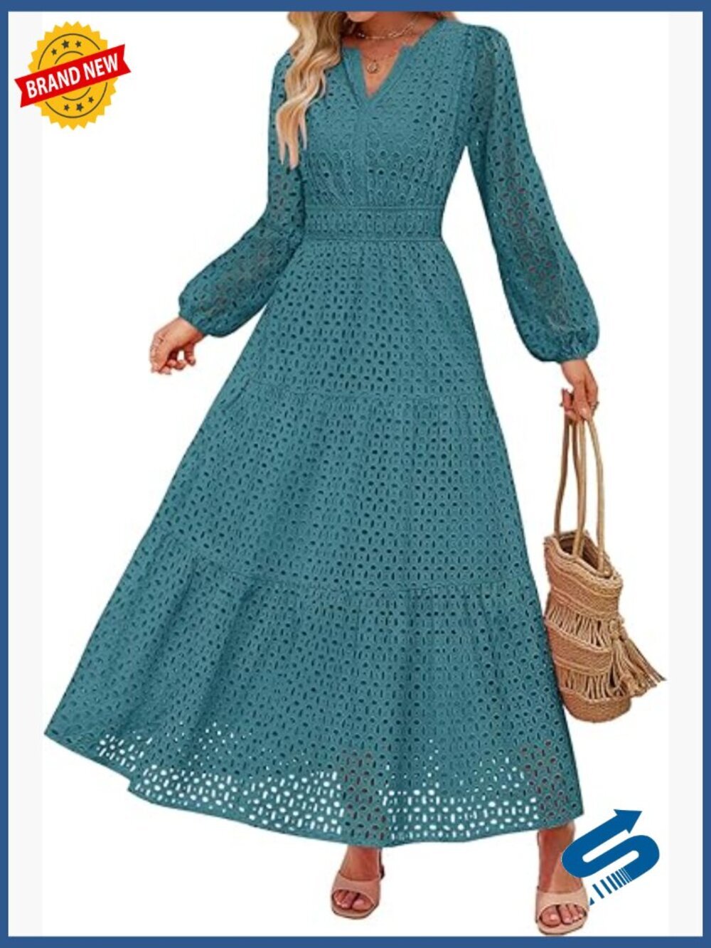 Maxi Dress V Neck Long Sleeve Eyelet A Line Flowy Casual Party